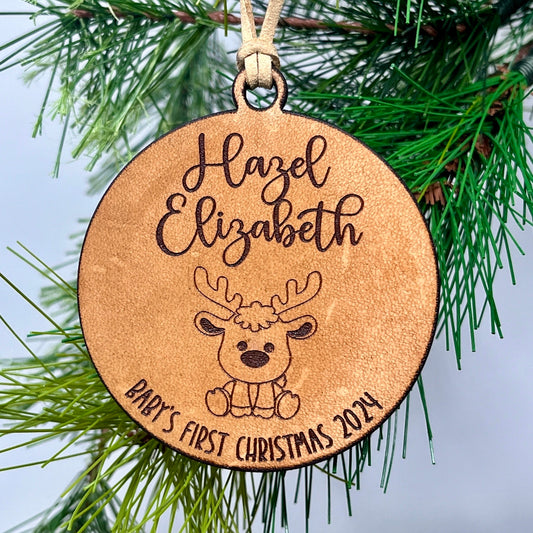 Baby's First Christmas - Baby Ornament -  Custom Baby 1st Christmas Ornament 2024 - Genuine Leather Ornament