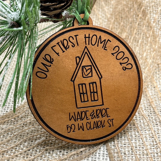 Our First Home Ornament 2024 - House Warming Christmas Gift - Genuine Leather Ornament