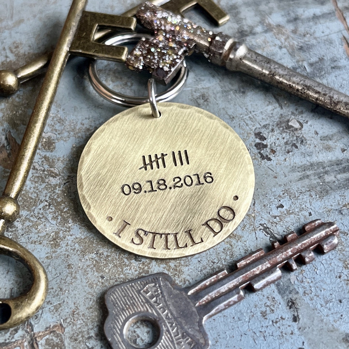 I Still Do Wedding Anniversary Gift - Tally Marks Keychain - Solid Brass Personalized Keychain