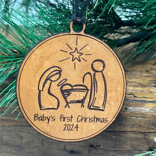 Nativity Ornament - Baby's First Christmas - Custom Christian Ornament for Baby - Leather Ornaments