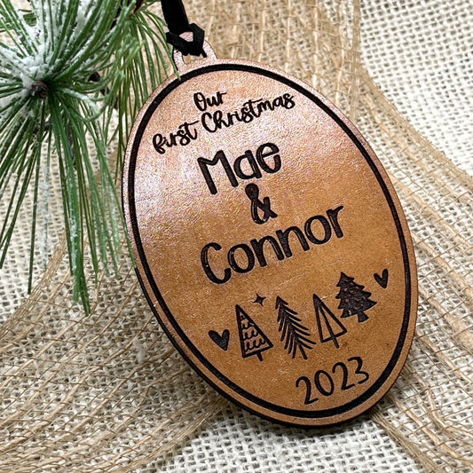 Couples Christmas Ornament - Our First Christmas 2024 - Engraved Leather Ornament