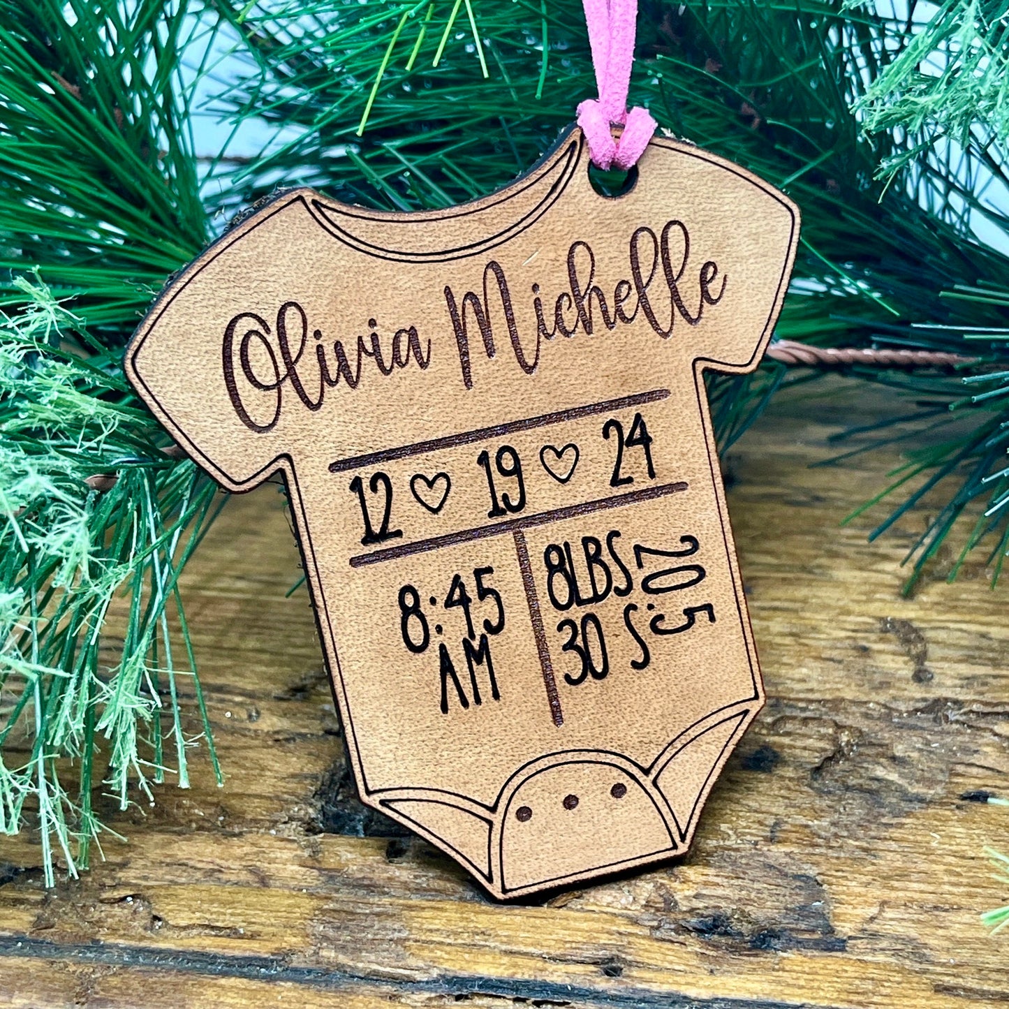 Baby's Stats Ornament - Custom Baby 1st Christmas Ornament 2024 - Birth Statistics Leather Ornament