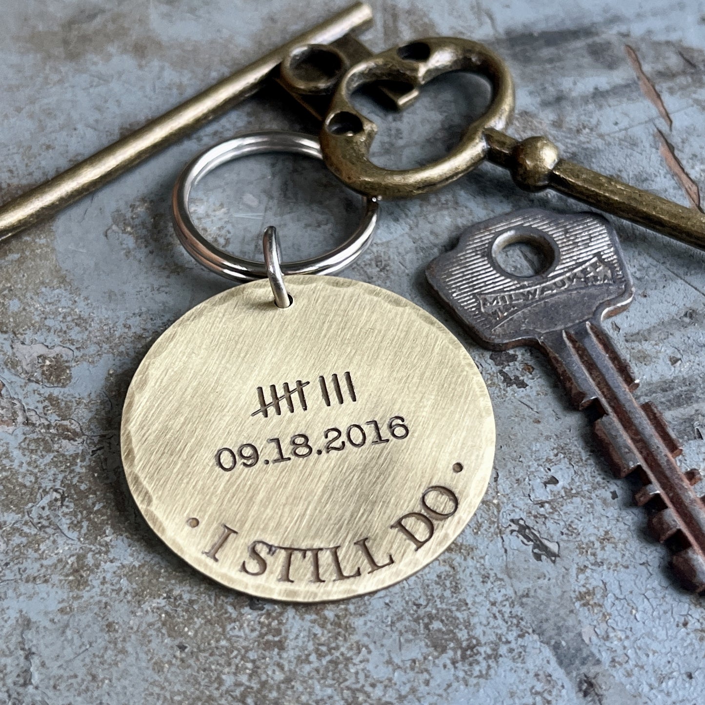 I Still Do Wedding Anniversary Gift - Tally Marks Keychain - Solid Brass Personalized Keychain