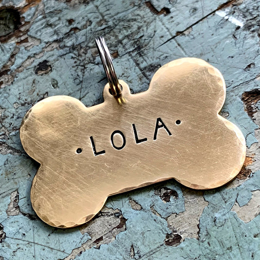 Bone Shaped Dog Tag with Hand Stamped Name - Rustic Look Dog Tag - Dog Name Tag