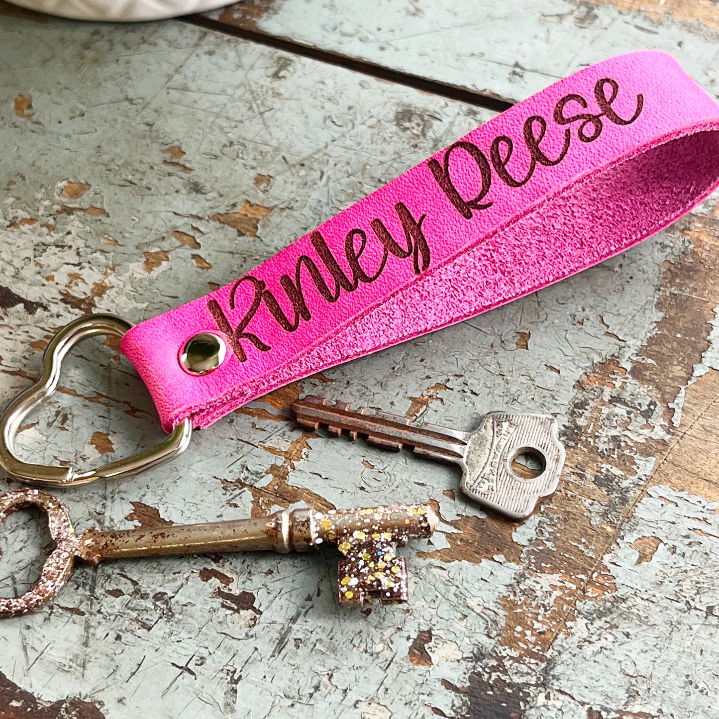 Custom Name Keychain in Pink Leather with Heart